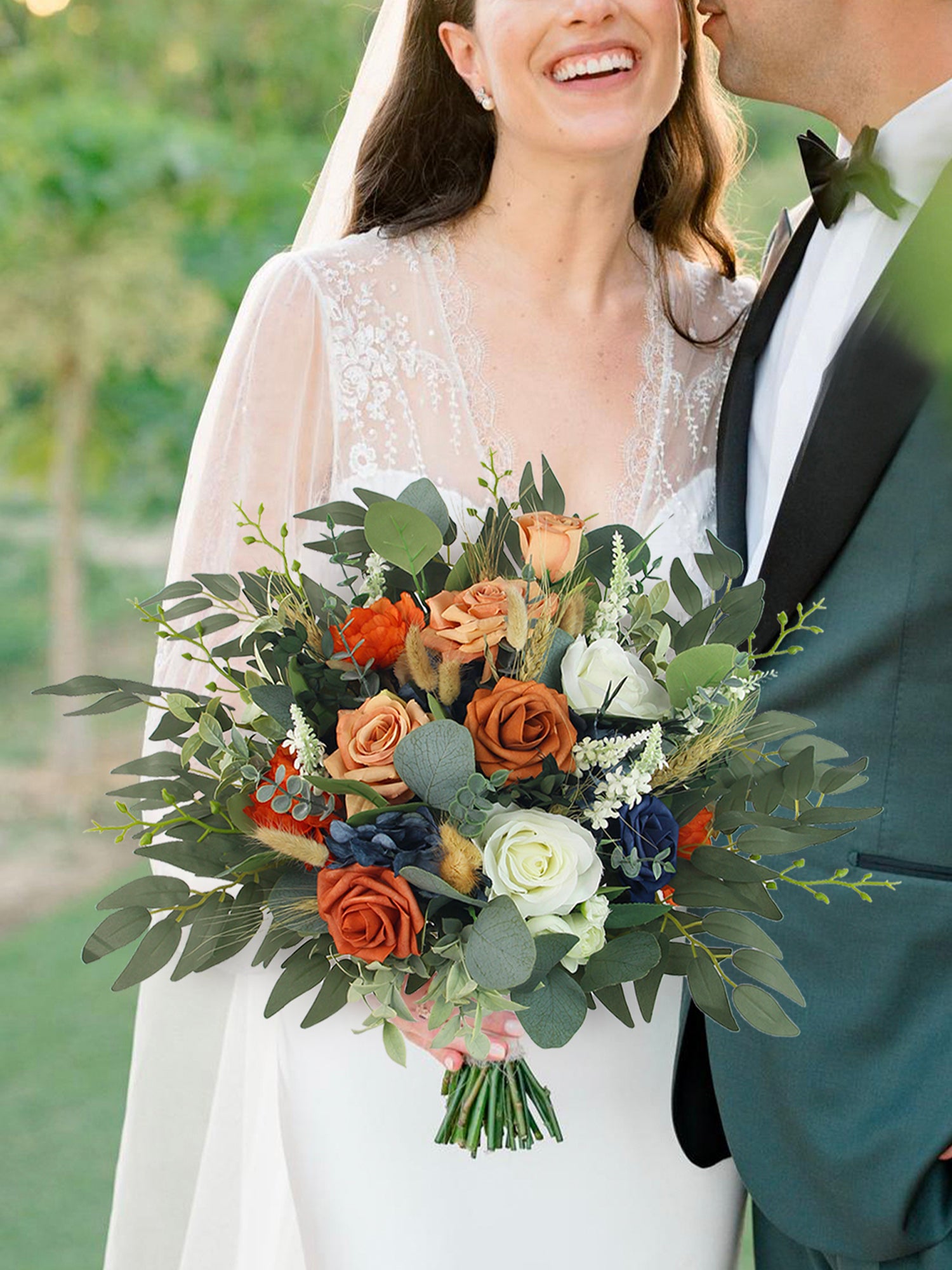 14 inch wide Navy Blue & Burnt Orange Freeform Bridal Bouquet 14 inch wide Navy Blue & Burnt Orange Freeform Bridal Bouquet