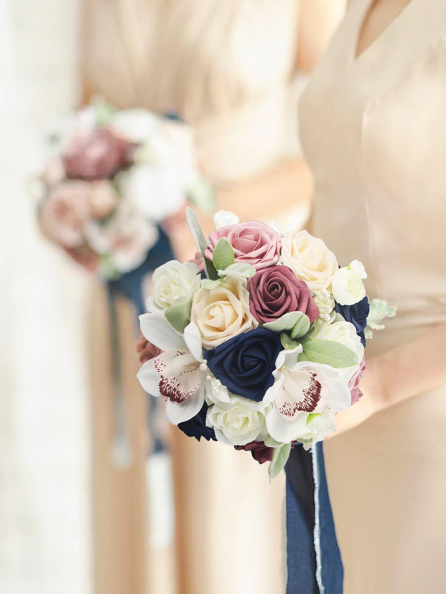 7.8 inch wide Dusty Rose & Navy Blue Bridesmaid Bouquet 7.8 inch wide Dusty Rose & Navy Blue Bridesmaid Bouquet
