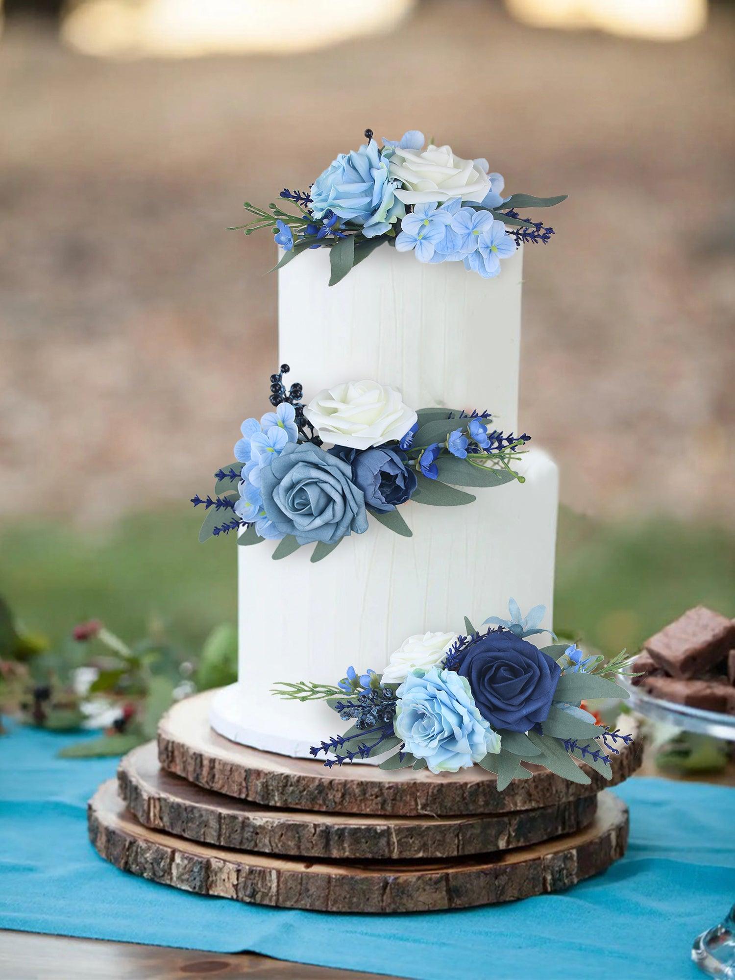3Pcs Blue Rose & Hydrangea Cake Topper Flowers Set - Rinlong Flower