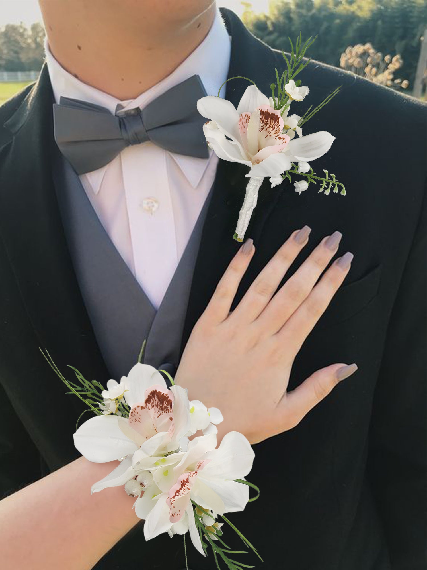 corsage for white prom dress White Rose Corsage Flower Boutonniere Set