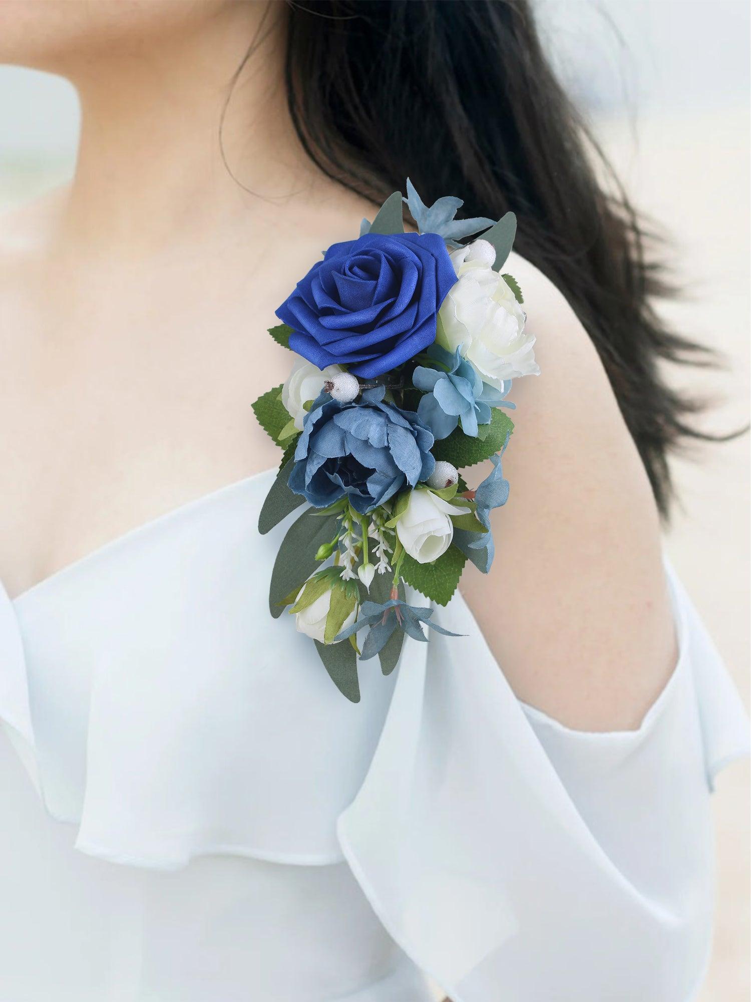 corsage with blue dress And a slightly less dramatic look . . But who doesn't need a simple, dark blue gown in the wardrobe? . . The real MVP, however, is the corsage. . . I