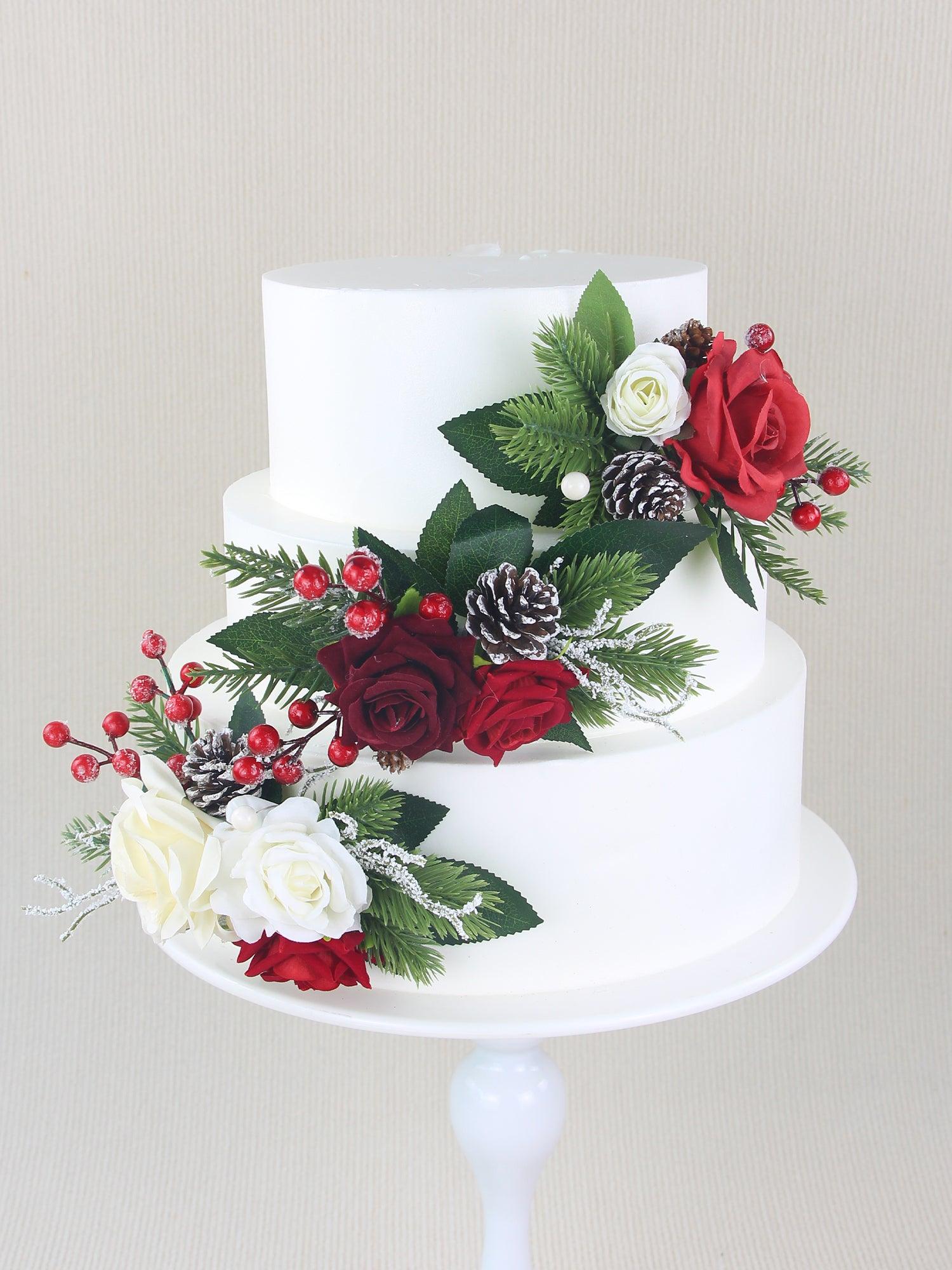 3Pcs Christmas Burgundy & Green Cake Flowers Set - Rinlong Flower