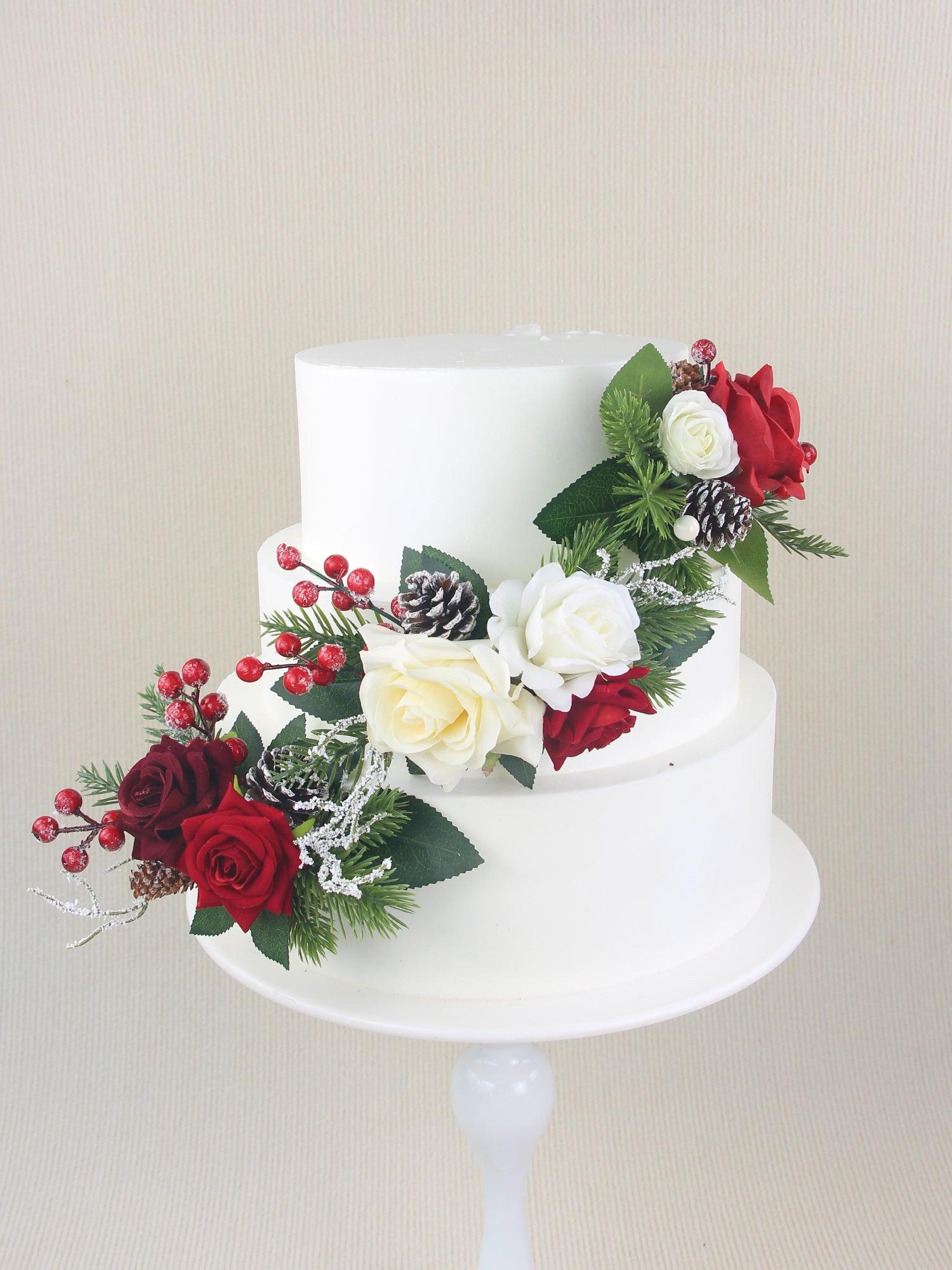 3Pcs Christmas Burgundy & Green Cake Flowers Set - Rinlong Flower
