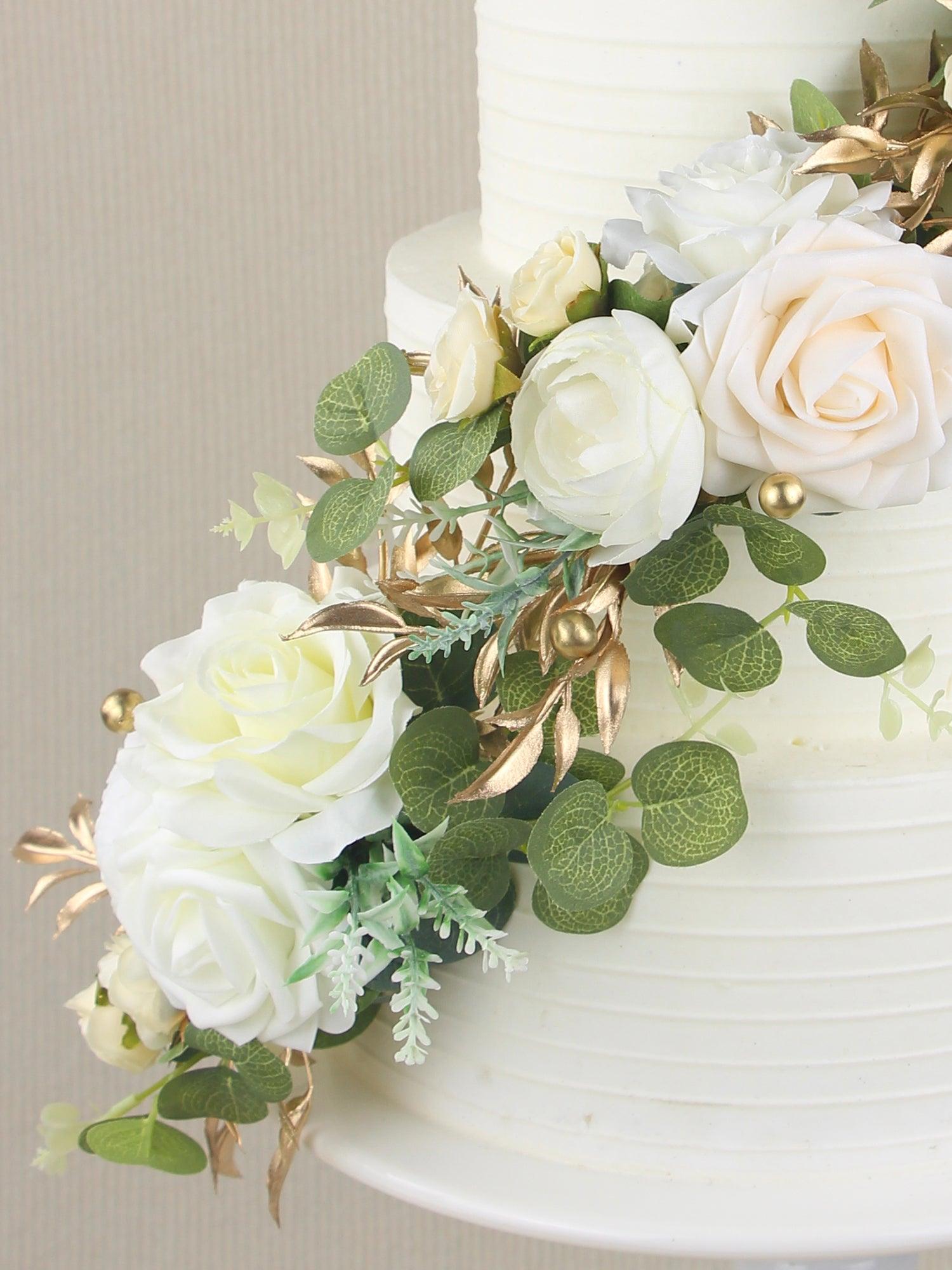 3Pcs White & Gold Cake Flowers Set - Rinlong Flower