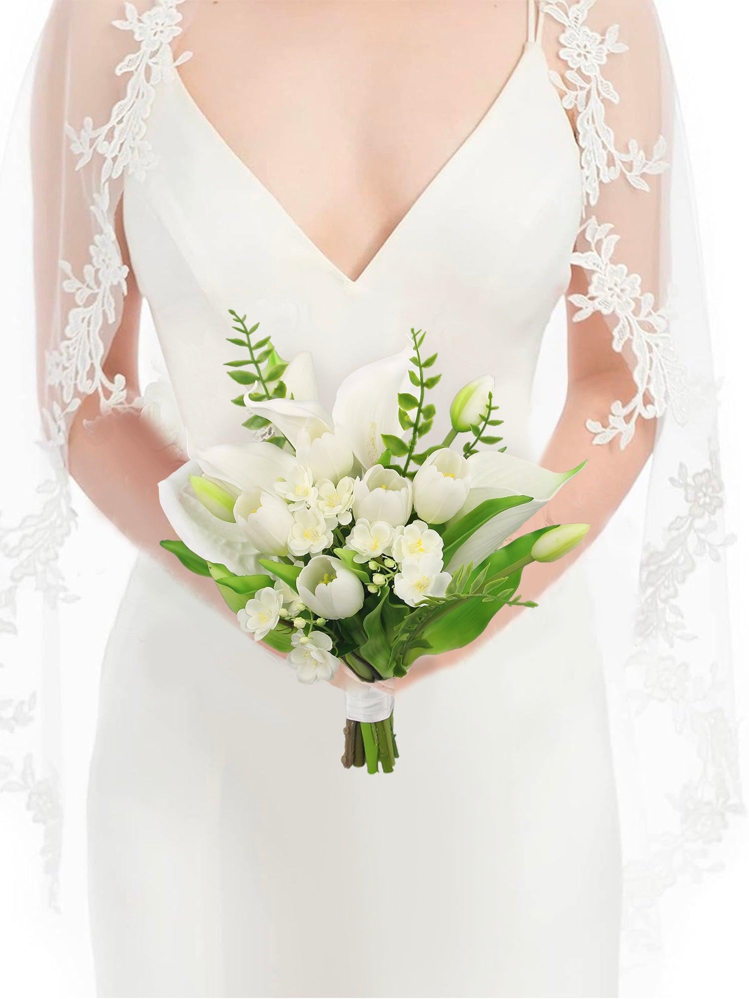 11.8 inch wide White Tulips & Calla Lily Bridal Bouquet - Rinlong Flower