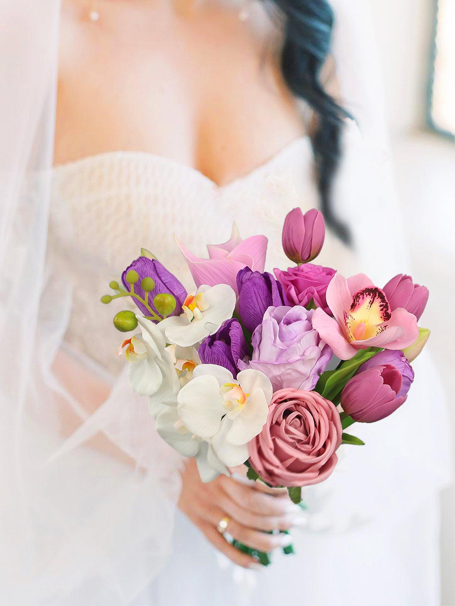 white lily and purple orchid bouquet 9.8 inch wide Pink & Purple Bridal Bouquet