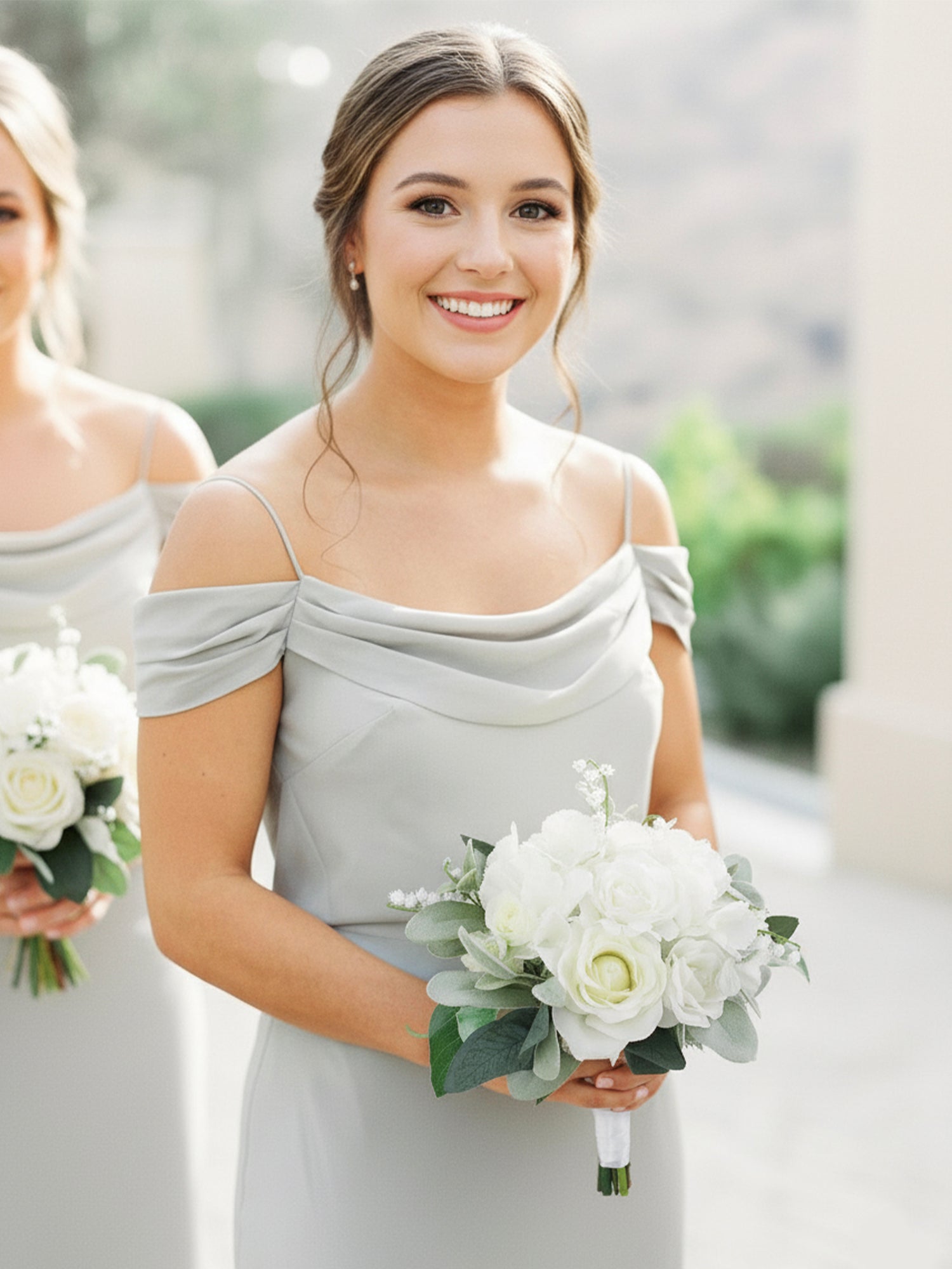 9.4 inch wide Dusty Green & White Bridesmaid Bouquet