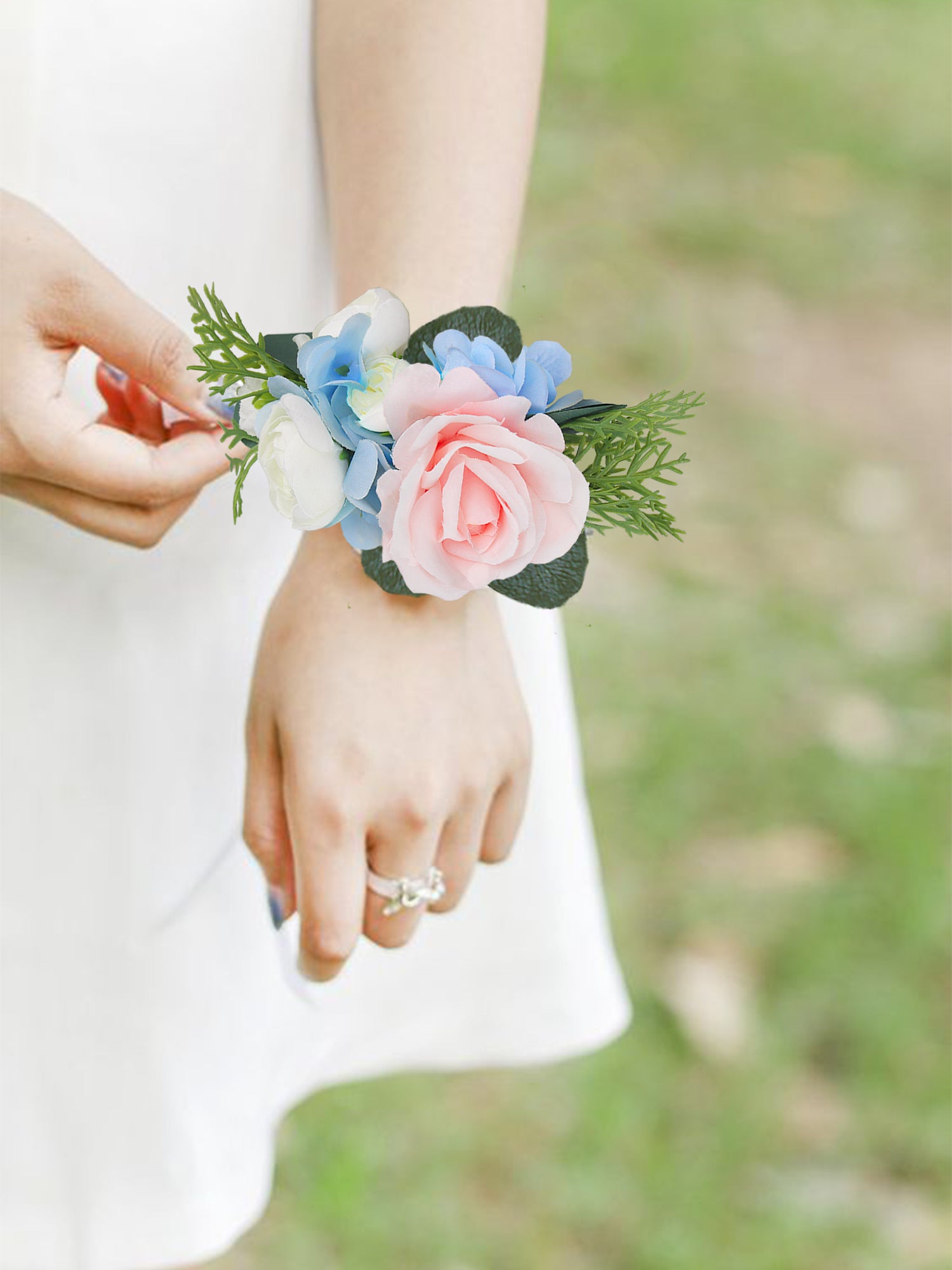 Pink & Baby Blue Wrist Corsage Pink & Baby Blue Wrist Corsage