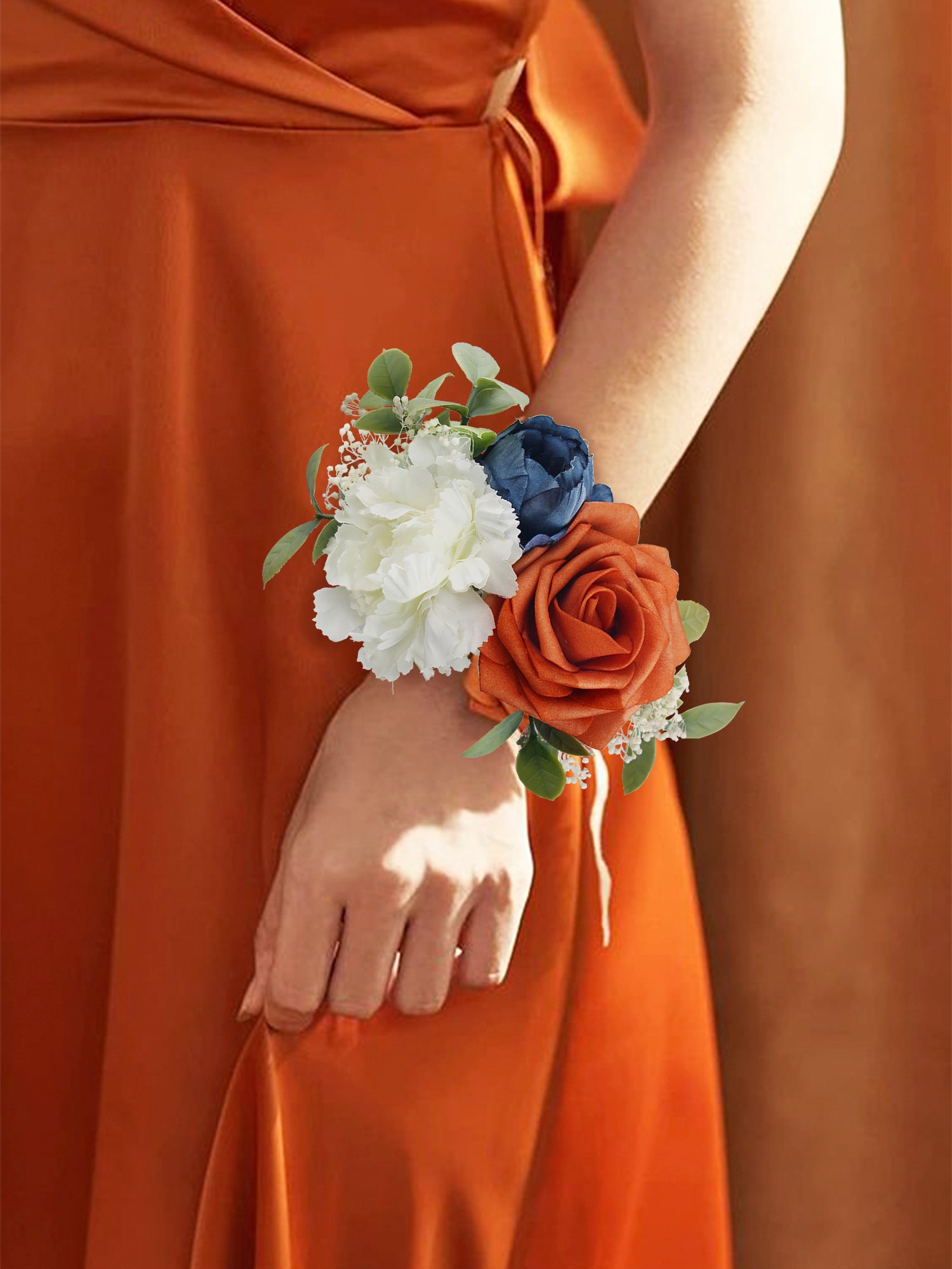 Navy Blue & Burnt Orange Wrist Corsage Navy Blue & Burnt Orange Wrist Corsage