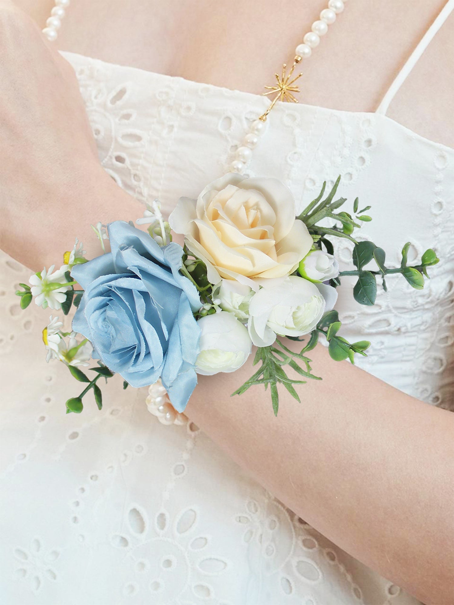 corsage for light blue dress Baby Blue & Champagne Corsage Wrist Bridesmaid – Rinlong Flower