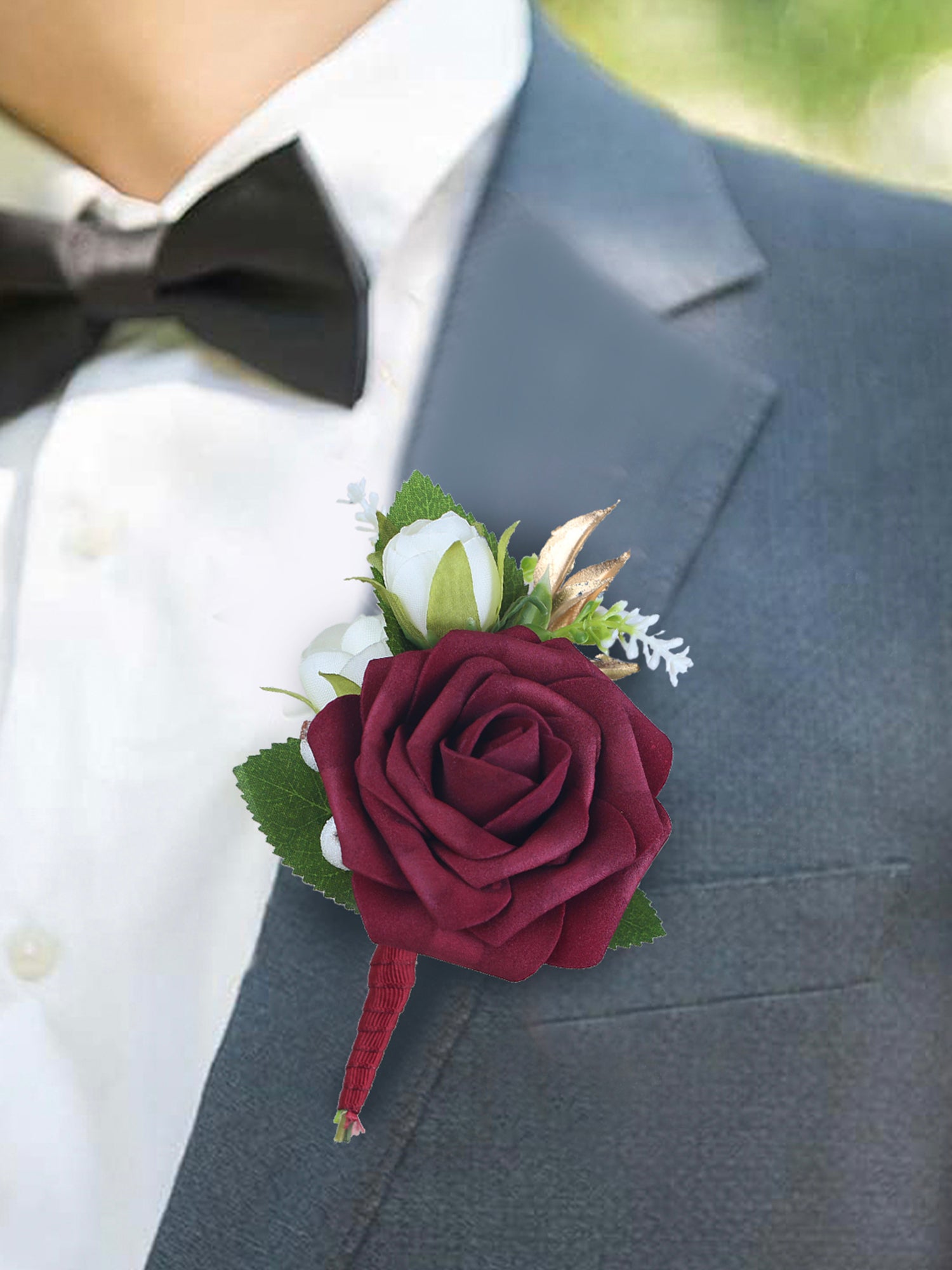 boutonniere for red dress Red Satin Corsage & Boutonniere Set: Feather Rhinestone Prom Flowers