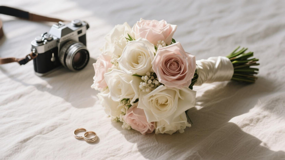 A beautifully styled flat lay of a silk bridal bouquet surrounded by a camera, wedding rings, and soft natural light