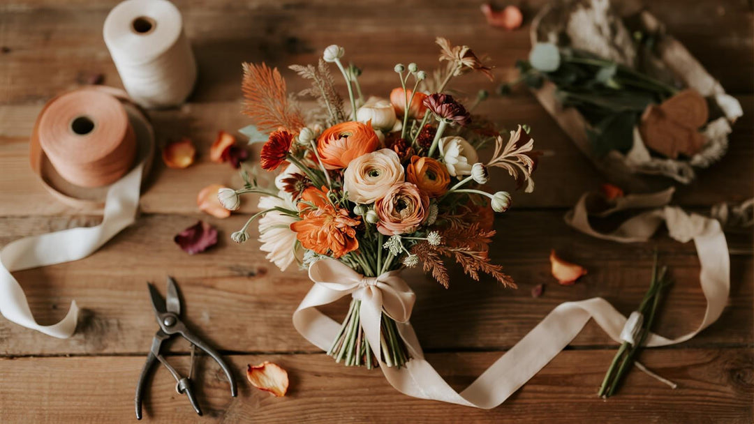 A beautifully styled flat lay of a terracotta-themed wedding bouquet on a rustic wooden table