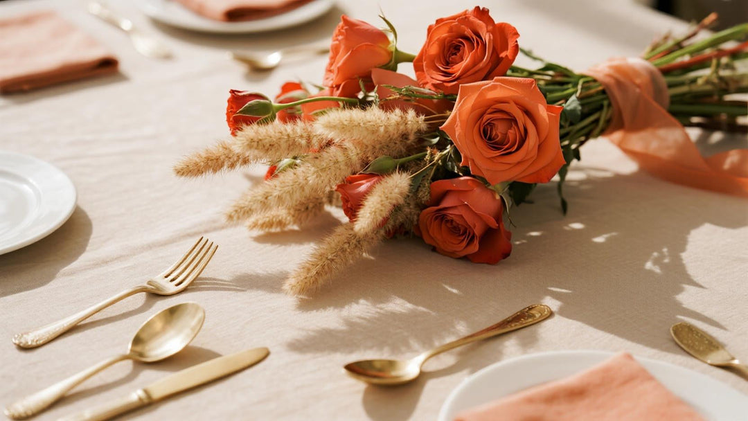 Terracotta rose bouquet on elegant wedding table with gold cutlery and neutral linens