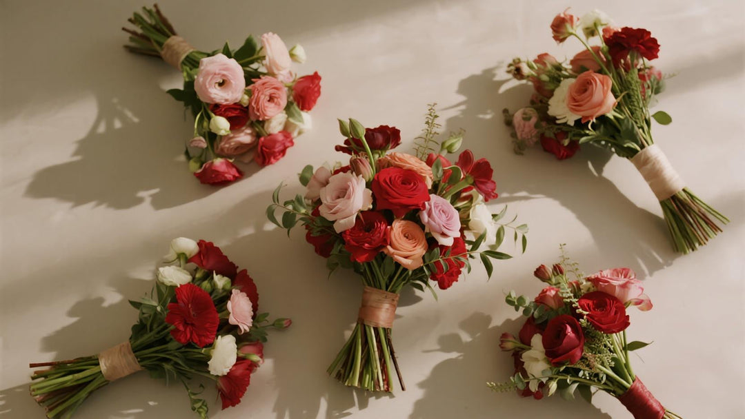 Modern flat lay of assorted colorful flower bouquets on a neutral background