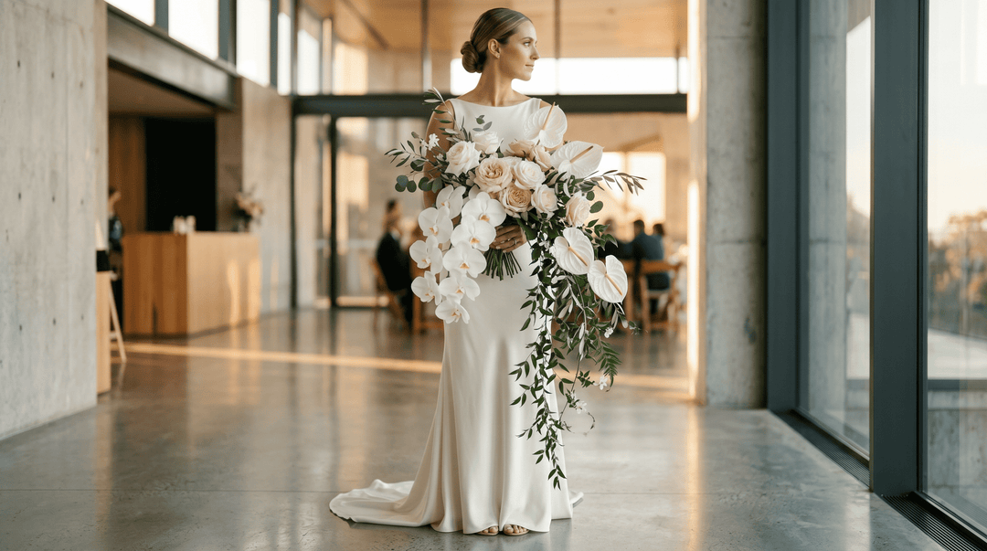 A breathtaking, sculptural cascading bridal bouquet featuring pristine white Phalaenopsis orchids, soft blush garden roses, and crisp white anthuriums