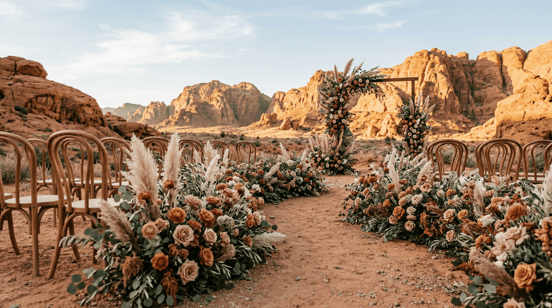 A cinematic, editorial-style photograph of a modern boho wedding ceremony setup