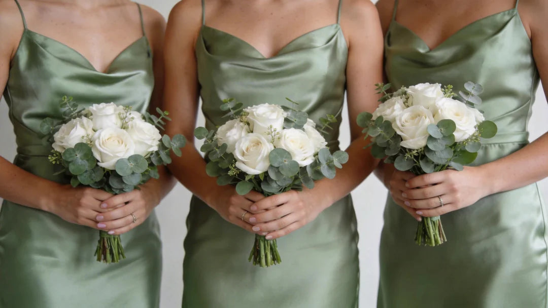 A cinematic, high-resolution wedding photography shot of three bridesmaids standing in a row, wearing elegant sage green satin dresses. They are holding perfectly sized, realistic 8-inch floral bouquets at their hip level