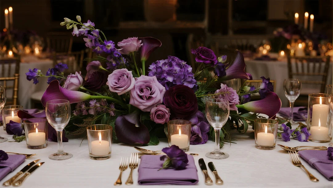 A cinematic, high-resolution wide shot of a luxury wedding reception table setting. The centerpiece features a cascading arrangement of gradient purple flowers, ranging from deep plum calla lilies to soft lavender roses and wisteria