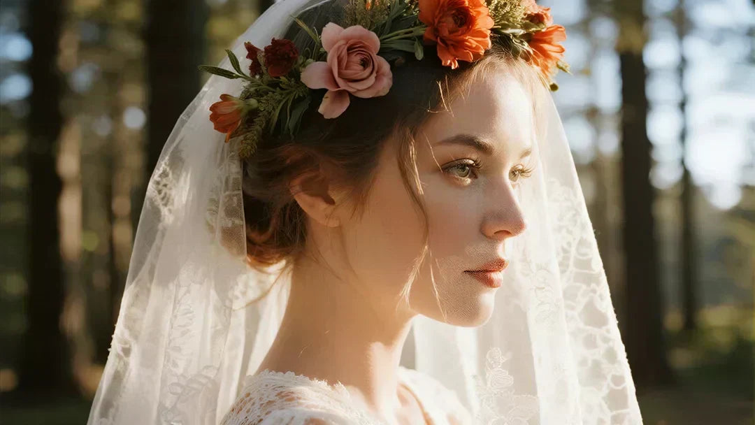 A cinematic, photorealistic close-up shot of a modern bride from the side profile. She is wearing a delicate lace wedding veil paired with a lush, bohemian flower crown featuring terracotta and dusty rose flowers