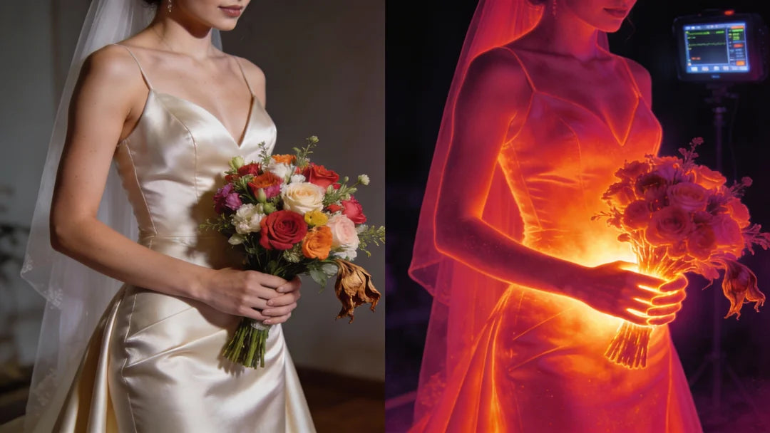 A cinematic split-screen an elegant bride with a fresh bouquet on the left; a thermal view on the right showing heat from her body causing the flowers to brown and droop.