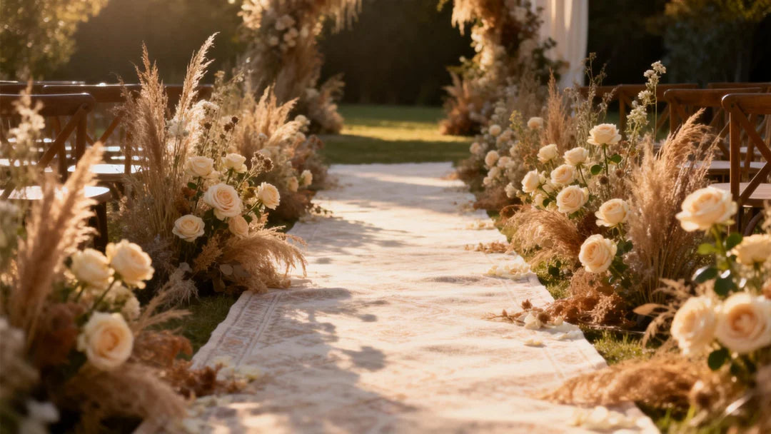 A cinematic wide shot of a 2026 wedding ceremony aisle, 'Meadow-Core' aesthetic with flowers growing organically from the ground, low-profile floral runners, earthy luxe color palette with cream garden roses and dried textures