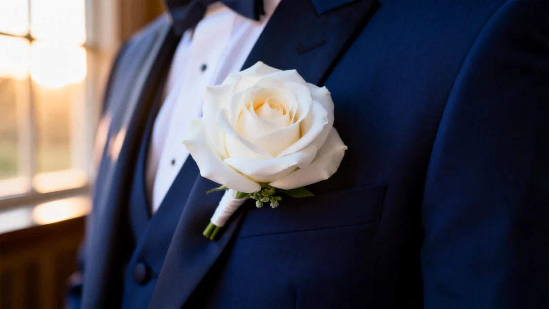 A close-up, cinematic shot of a groom's chest wearing a pristine white rose boutonniere on a navy blue suit lapel