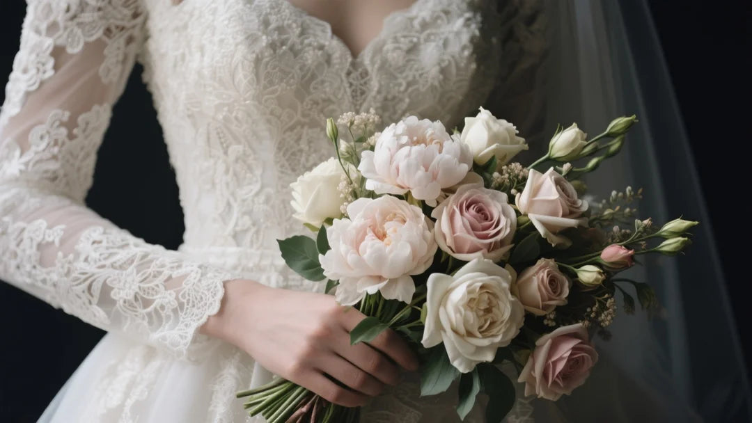 A close-up shot of a luxury couture wedding dress with intricate lace details. A stunning, hyper-realistic artificial floral bouquet is held against the dress