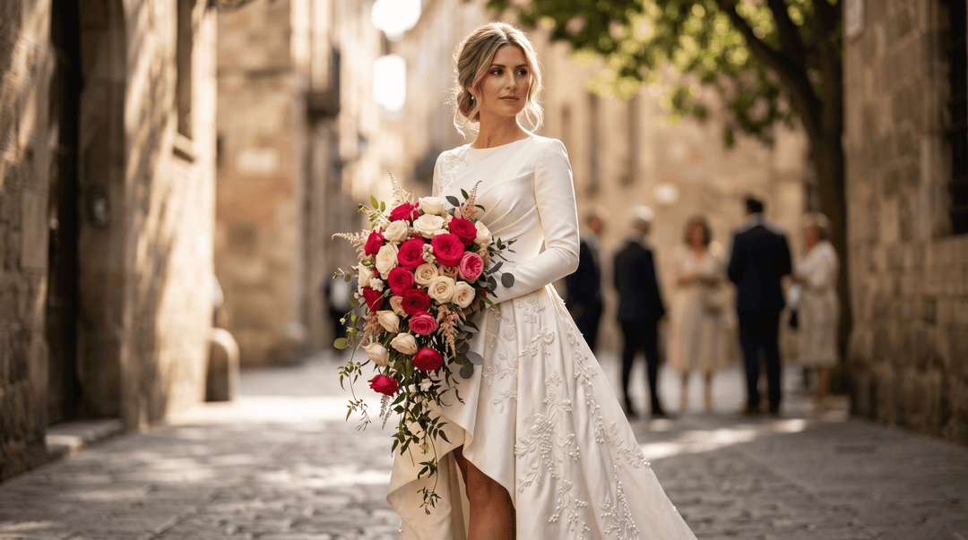 A confident modern bride in a highly detailed couture silk gown holding a stunning, high-quality cascading rose bouquet