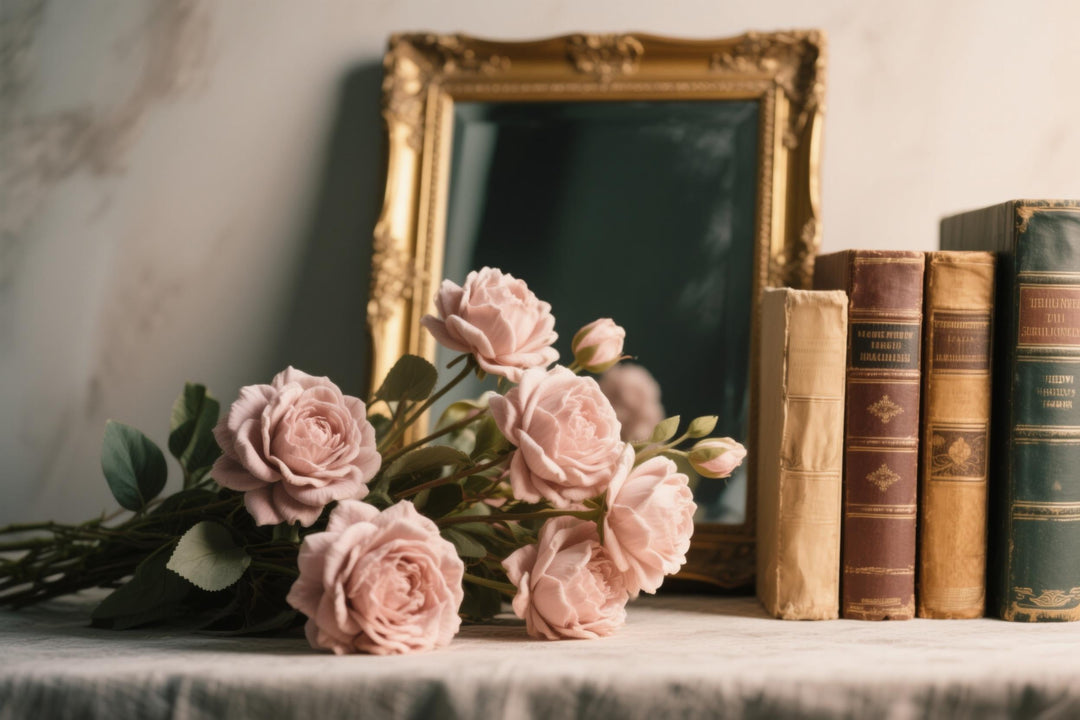 Dusty rose silk flowers beside vintage books and an ornate gold-framed mirror on a table.