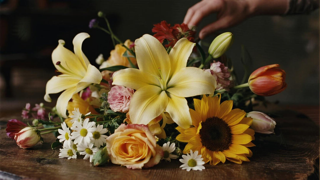 Rustic bouquet of assorted flowers on a vintage wooden table with visible hand arranging