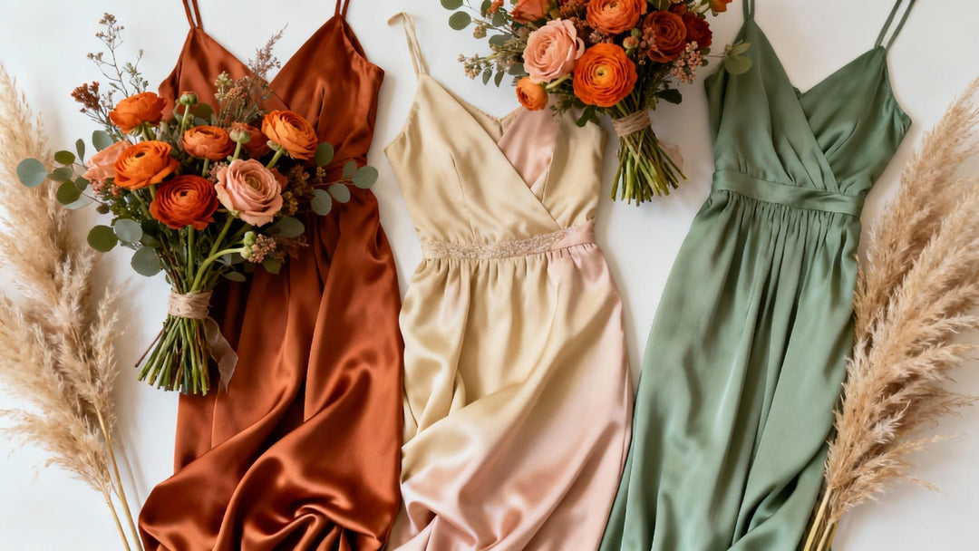 A dreamy flat-lay of terracotta wedding flowers and bridesmaid dresses