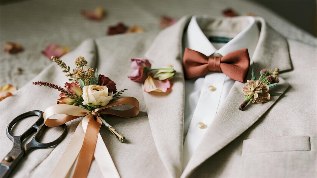Beige suit with brown bow tie, boutonniere, wedding flowers, scissors and petals flat lay
