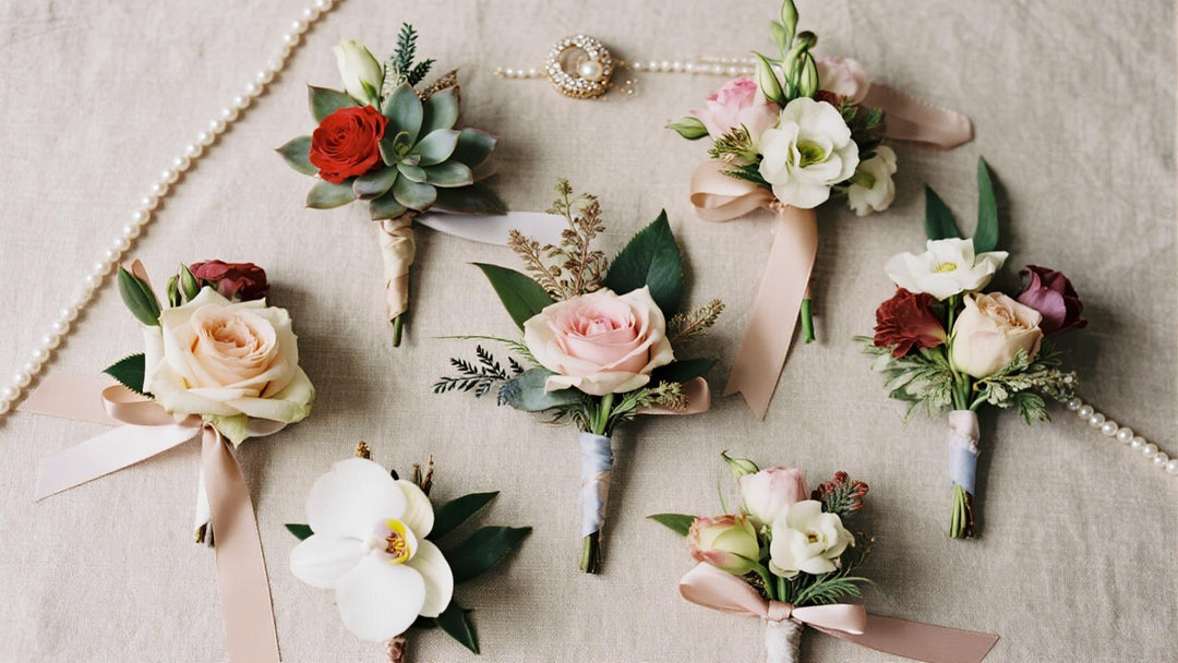 Flat lay of elegant wedding corsages with roses, succulents, and ribbons on beige fabric
