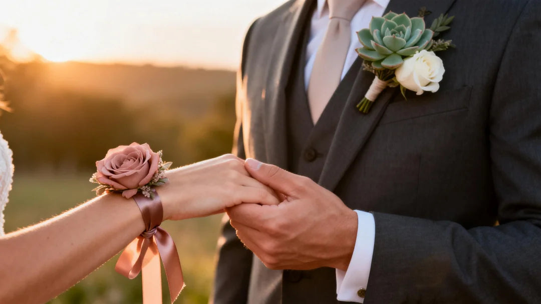 A groom in a sharp charcoal suit wearing a realistic sage green succulent and white rose boutonniere on the lapel. His hand is holding a bride's hand, who is wearing a matching dusty rose wrist corsage with silk ribbon