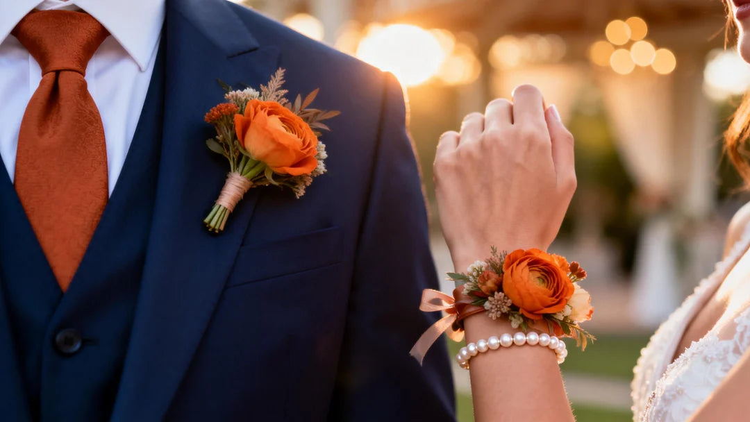 A groom in a sharp navy suit wearing a terracotta orange boutonniere on the left lapel, standing next to a bride's hand wearing a matching floral wrist corsage on a pearl bracelet