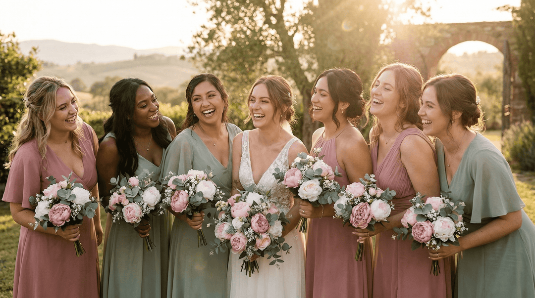 A group of diverse bridesmaids in dusty rose and sage green dresses standing outdoors in soft golden hour sunlight. They are laughing naturally, looking relaxed. Each holds a stunning, realistic-looking silk bouquet
