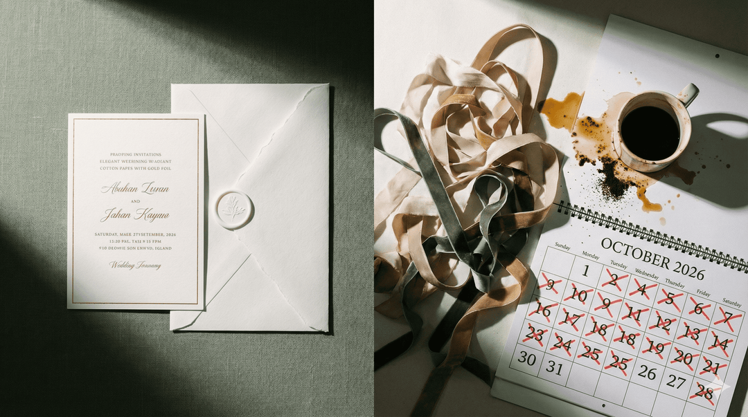 A high-contrast flat lay on the left, an elegant wedding invitation with a wax seal on a sage green surface; on the right, a chaotic pile of tangled ribbons, spilled coffee, and a calendar with dates crossed out in red.