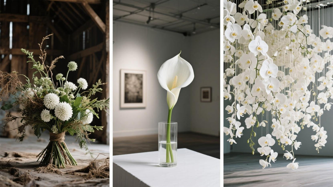 A high-contrast, split-screen composition of wedding floral designs