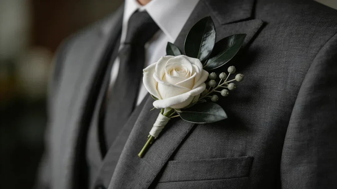 A high-end cinematic close-up of a pristine faux white rose boutonniere pinned to a tailored charcoal grey groom's suit lapel. The white rose is paired with deep dark glossy Italian Ruscus and dusty silvery-green seeded eucalyptus