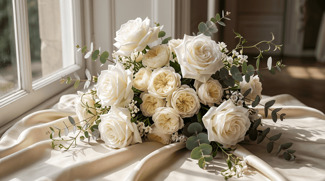 A highly editorial, photorealistic image of a stunning white rose bridal bouquet resting on a piece of draped, champagne-colored silk fabric