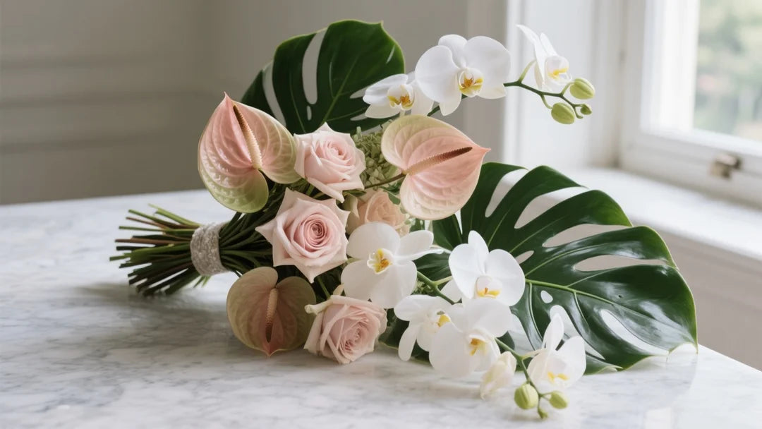 A highly editorial, ultra-realistic wedding photography shot of a modern, sculptural tropical bridal bouquet resting on a clean marble surface
