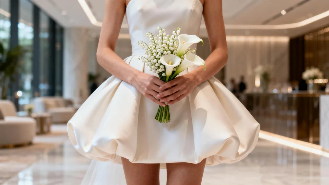 A hyper-realistic editorial shot of a chic 2026 bride wearing a structural bubble-hem mini wedding dress. She is holding a Micro Classic petite posy bouquet of Lily of the Valley and white Calla Lilies