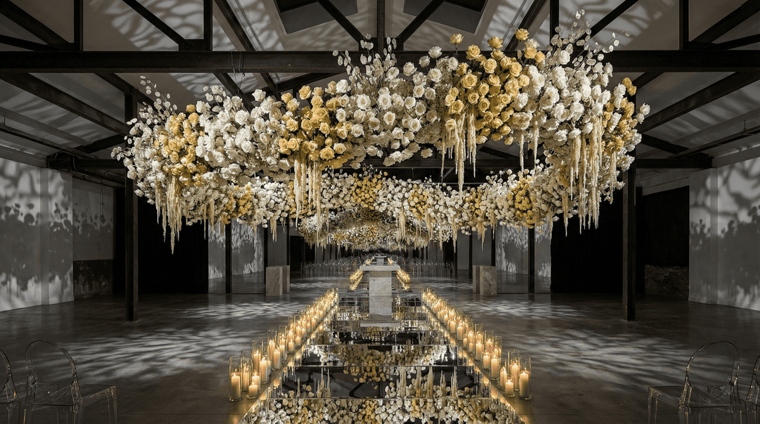 A hyper-realistic wide-angle shot of a luxury 2026 wedding venue featuring a massive, gravity-defying floral cloud of white and butter-yellow roses with dried lunaria, suspended from an industrial ceiling.
