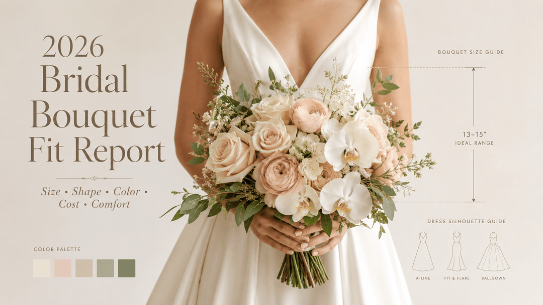 A luxury editorial wedding report cover showing a cropped bride from shoulders to waist holding an elegant bridal bouquet at natural waist height