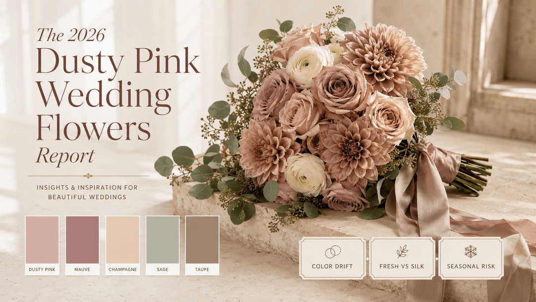 A luxury editorial wedding report cover titled “The 2026 Dusty Pink Wedding Flowers Report”
