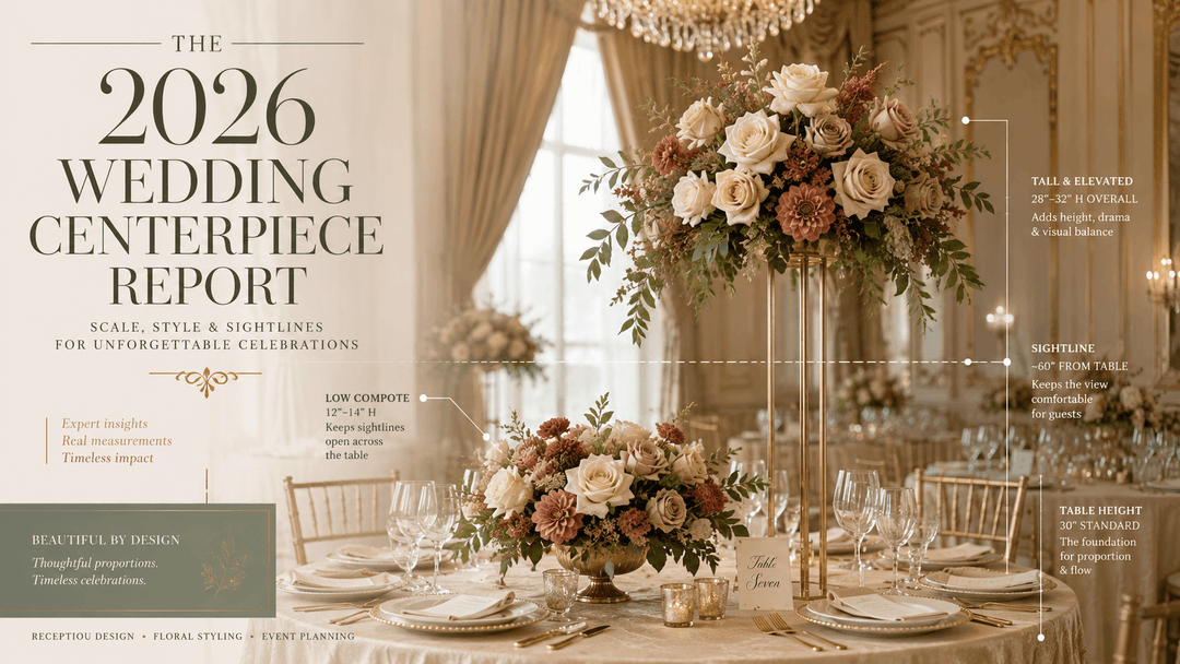 A luxury editorial wedding report cover titled “The 2026 Wedding Centerpiece Report”