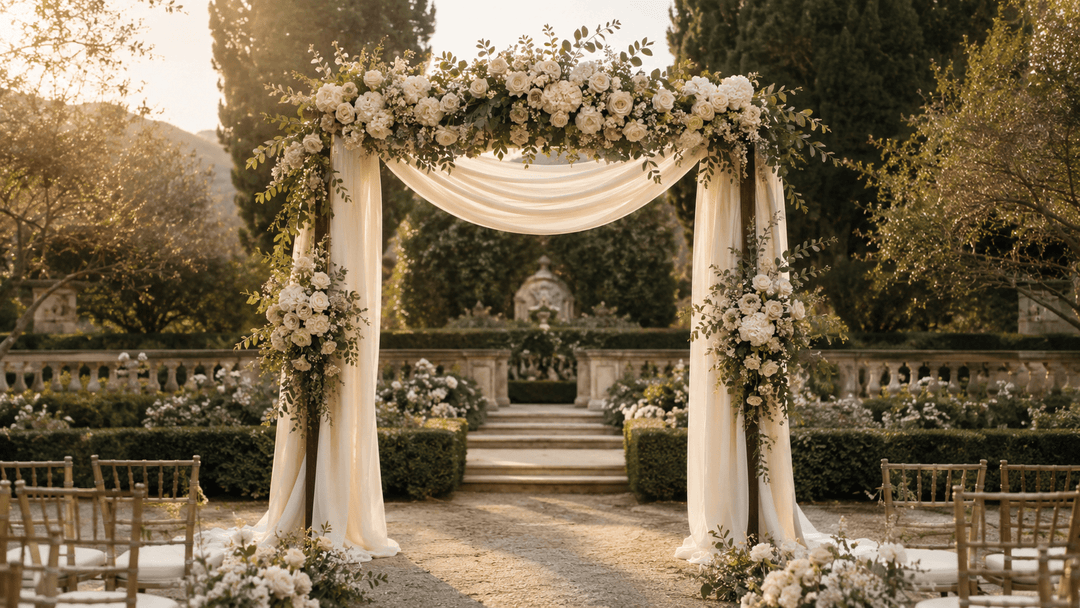 A luxury outdoor wedding ceremony scene featuring a beautifully proportioned 8-foot wedding arch decorated with realistic ivory, blush, champagne, and sage green flowers