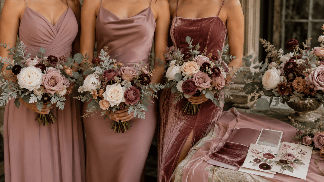 A luxury wedding editorial cover image showing three bridesmaids from shoulders to knees wearing elegant dusty rose dresses in chiffon, satin, and velvet