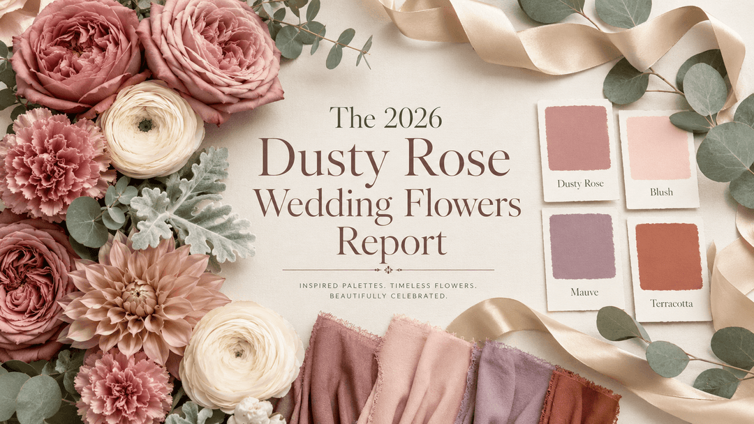 A luxury wedding floral report cover titled “The 2026 Dusty Rose Wedding Flowers Report”